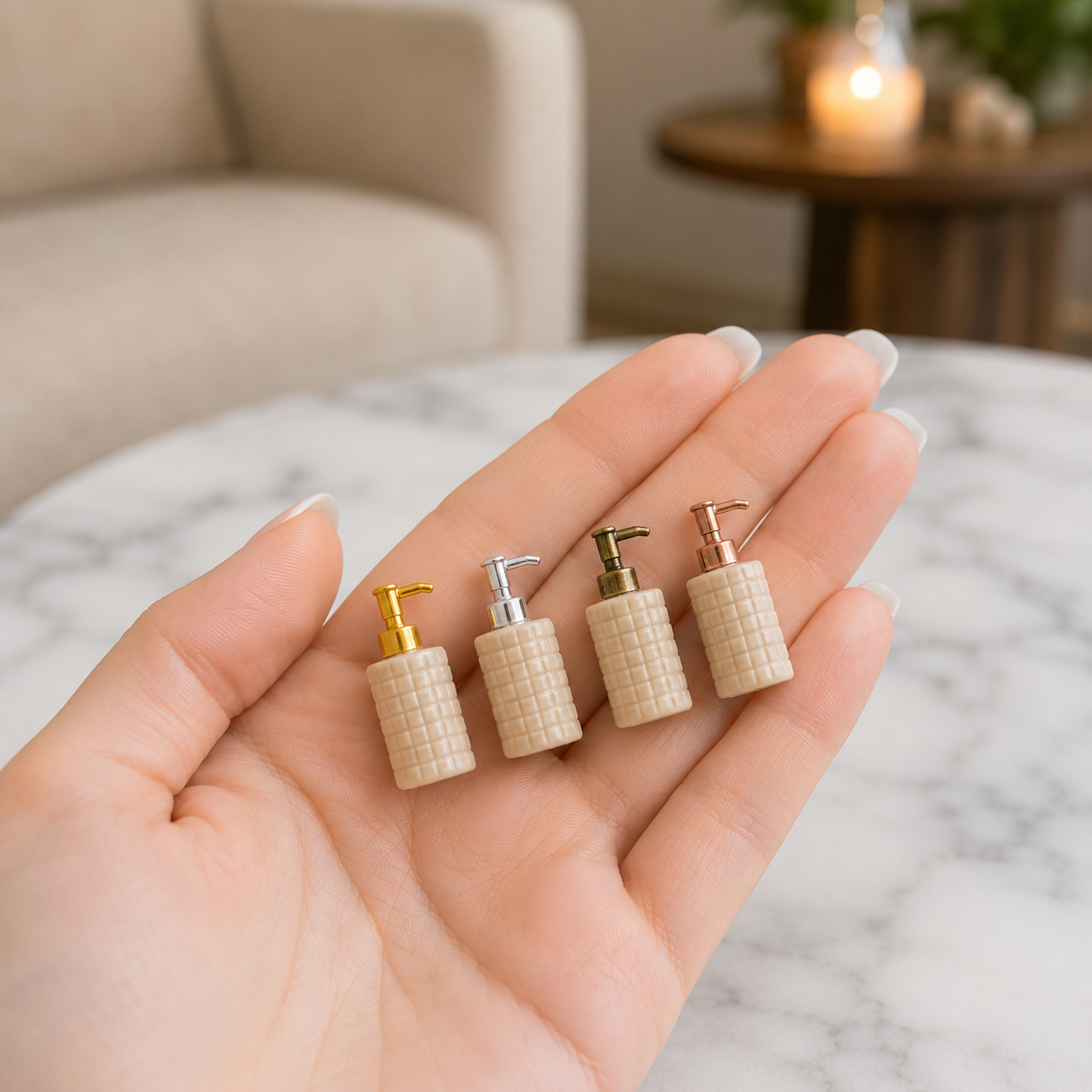 FDMINI Mini Soap Dispenser – 3 Bottle Colors × 4 Metal Pump Finishes Miniature Ceramic Lotion Pump Bottle for 1:12 Dollhouse Bathroom Scenes