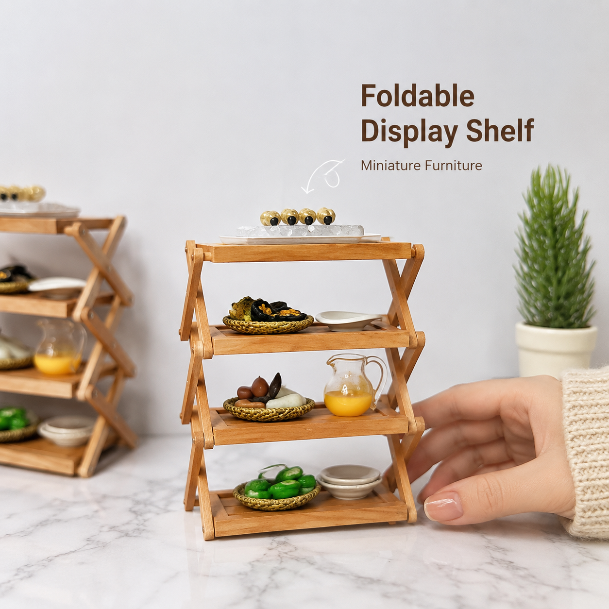 FDMINI Mini Foldable 4-Tier Shelf – Miniature Cherry Wood Folding Rack for 1:6 & 1:12 Dollhouse, Diorama & Room Scenes