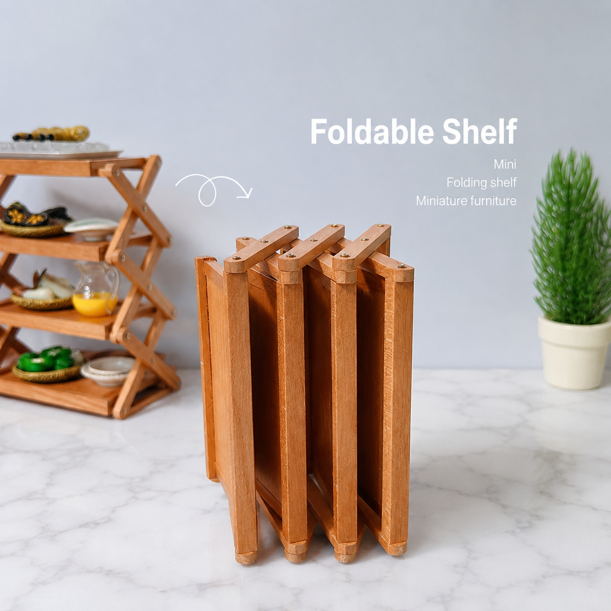FDMINI Mini Foldable 4-Tier Shelf – Miniature Cherry Wood Folding Rack for 1:6 & 1:12 Dollhouse, Diorama & Room Scenes