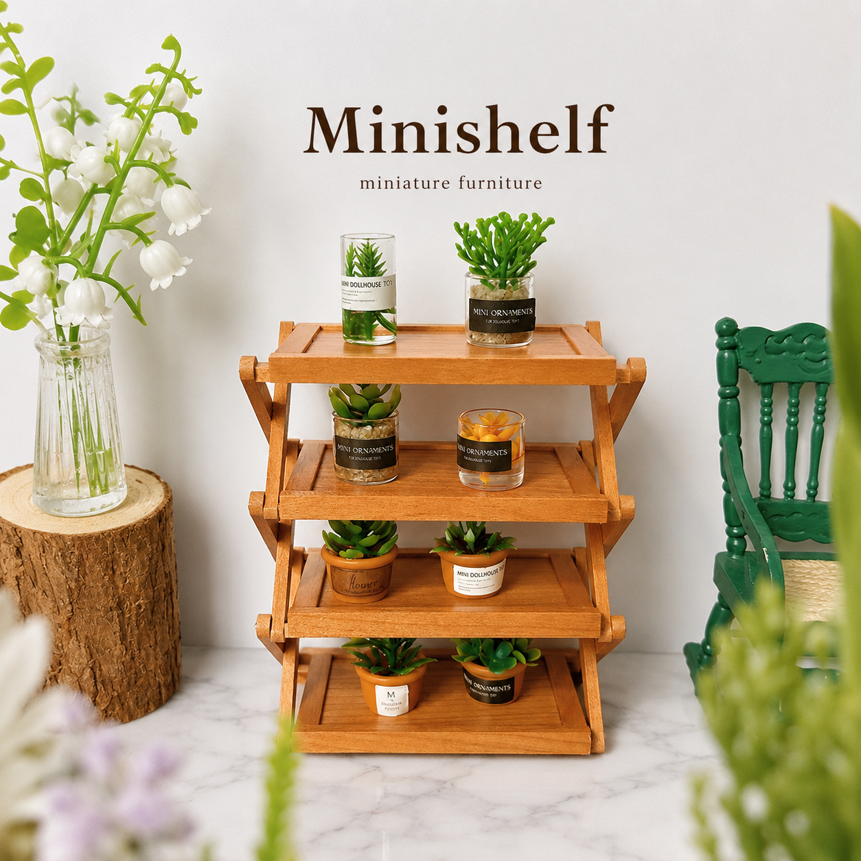 FDMINI Mini Foldable 4-Tier Shelf – Miniature Cherry Wood Folding Rack for 1:6 & 1:12 Dollhouse, Diorama & Room Scenes