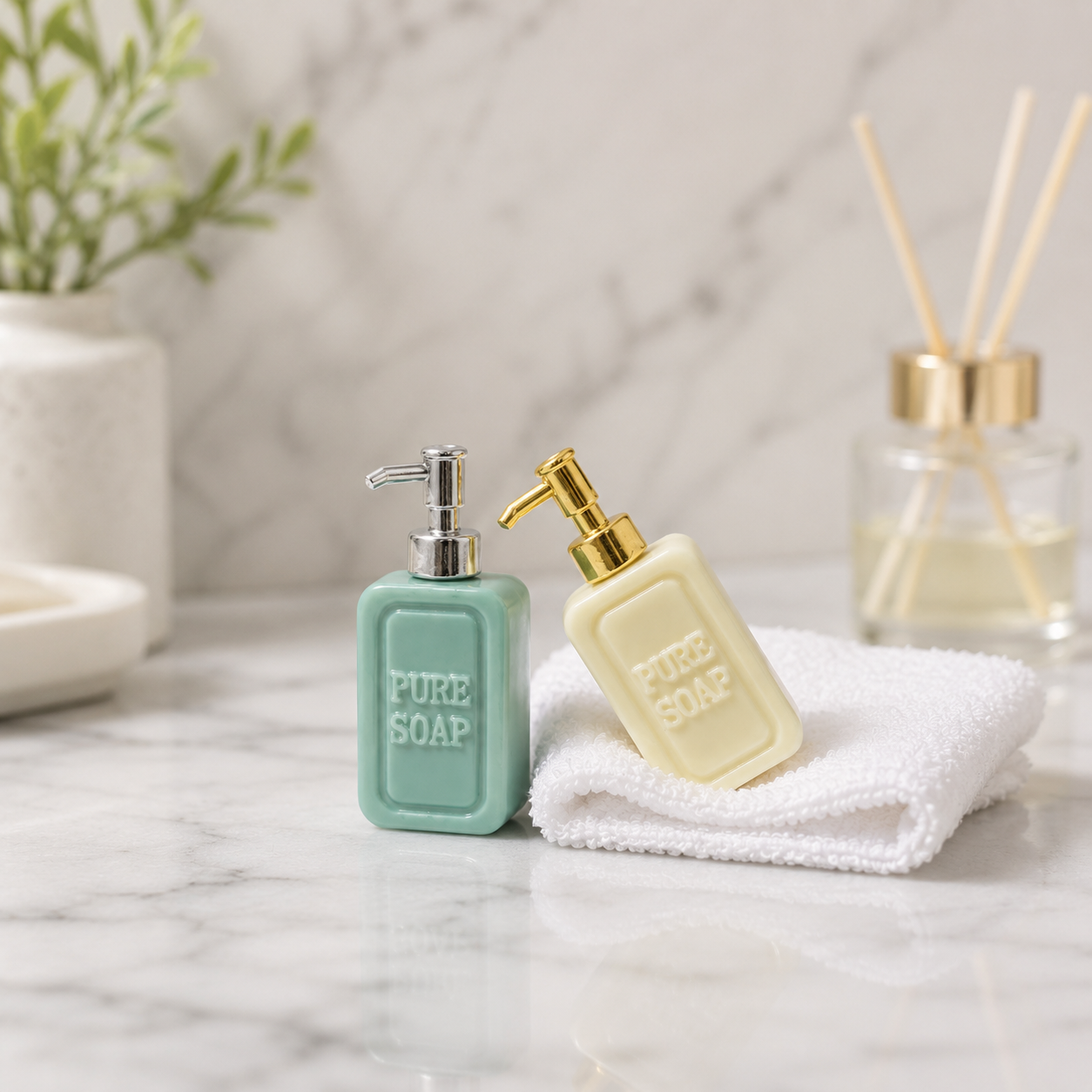 FDMINI Mini "Pure Soap" Dispenser Set – 2 Bottles per Set with Gold or Silver Pumps, Miniature Ceramic Soap Pump Bottles for 1:12 Dollhouse Bathroom