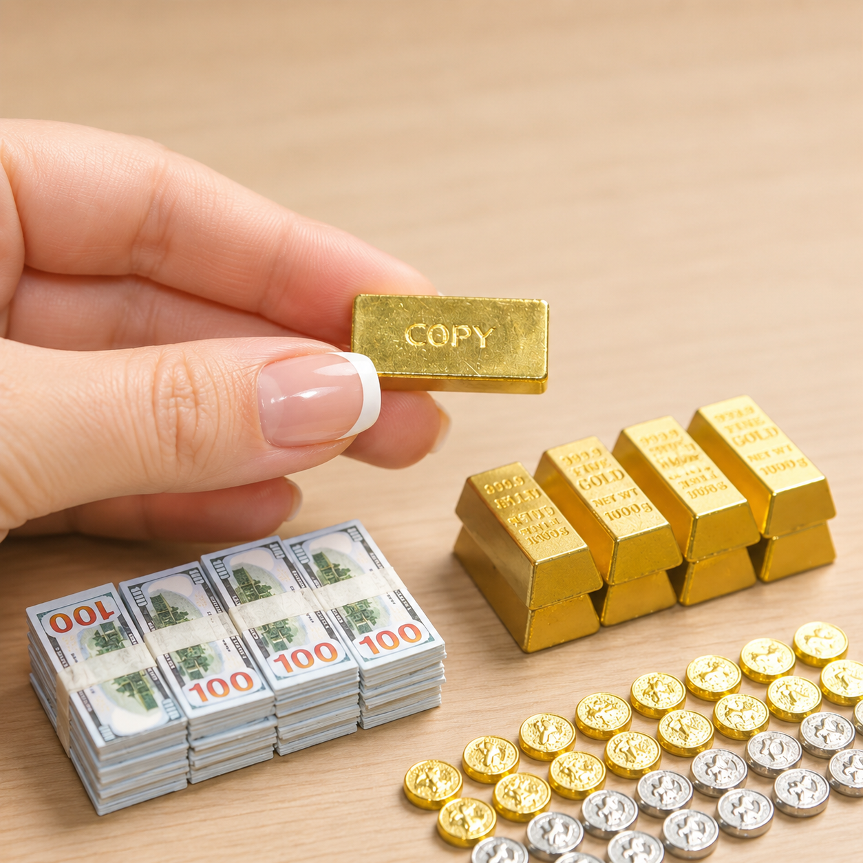 FDmini miniature gold bars, banknotes and coins with a hand for scale
